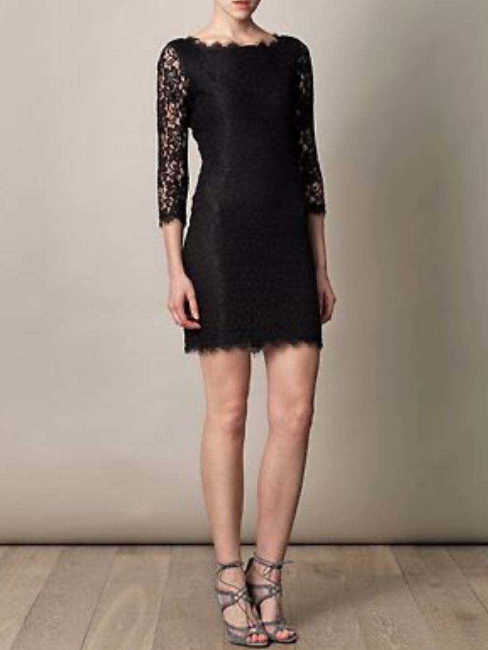 Diane Von Furstenberg Zarita Scoop Neck Mini Dress Black Floral Lace Womens 6